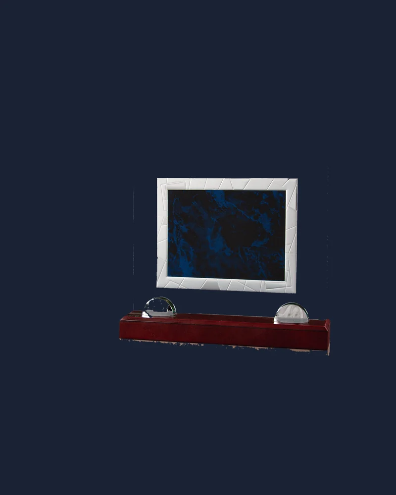 Placa Cristal con Marco Plateado y Base Azul